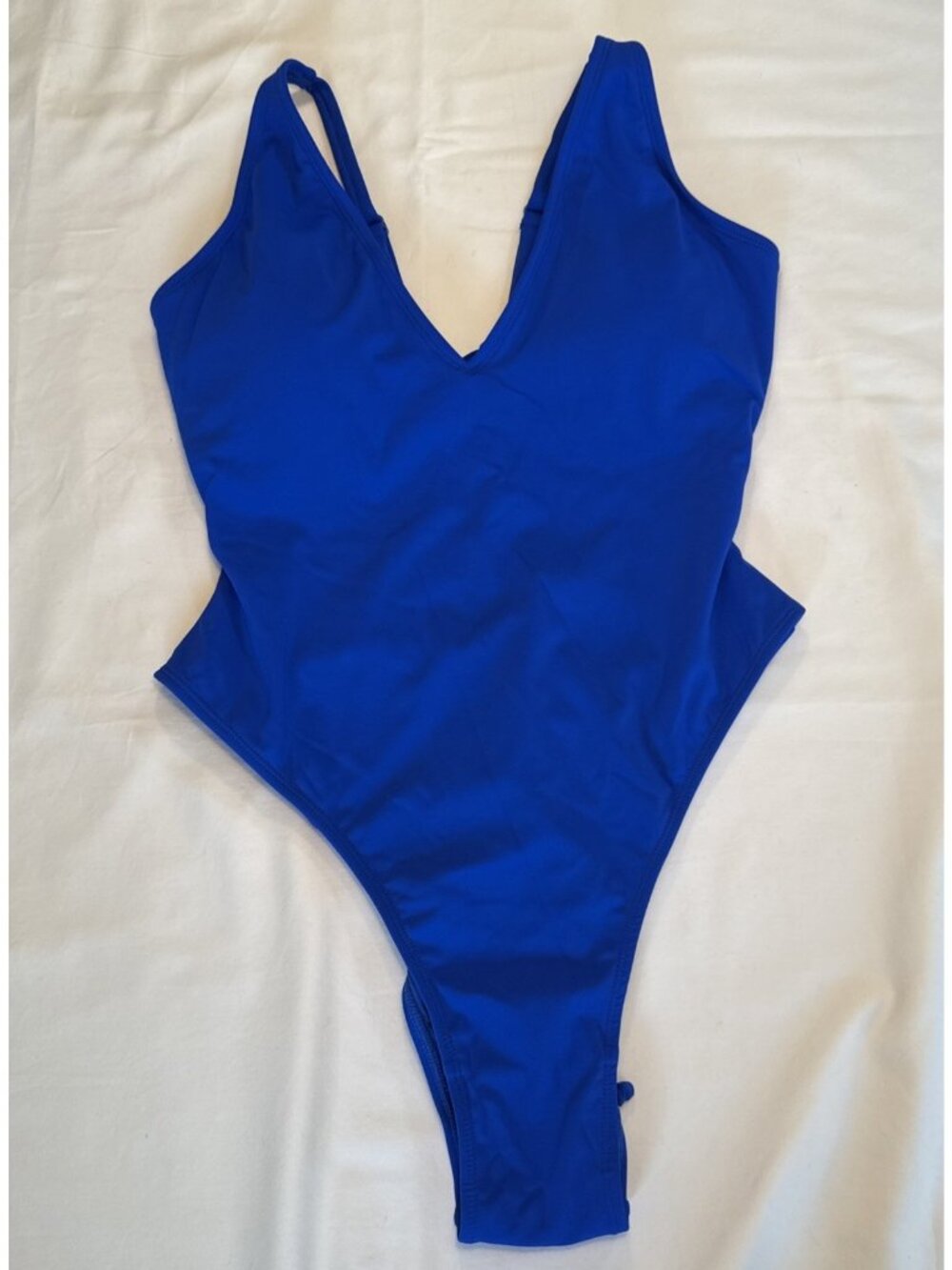 NWT TA3 Sapphire Blue Hi Cut Plungey Lace Up Back One Piece Swimsuit Large Short